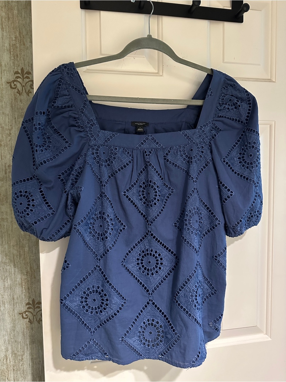 Never worn, Ann Taylor, denim blue, eyelet ss top